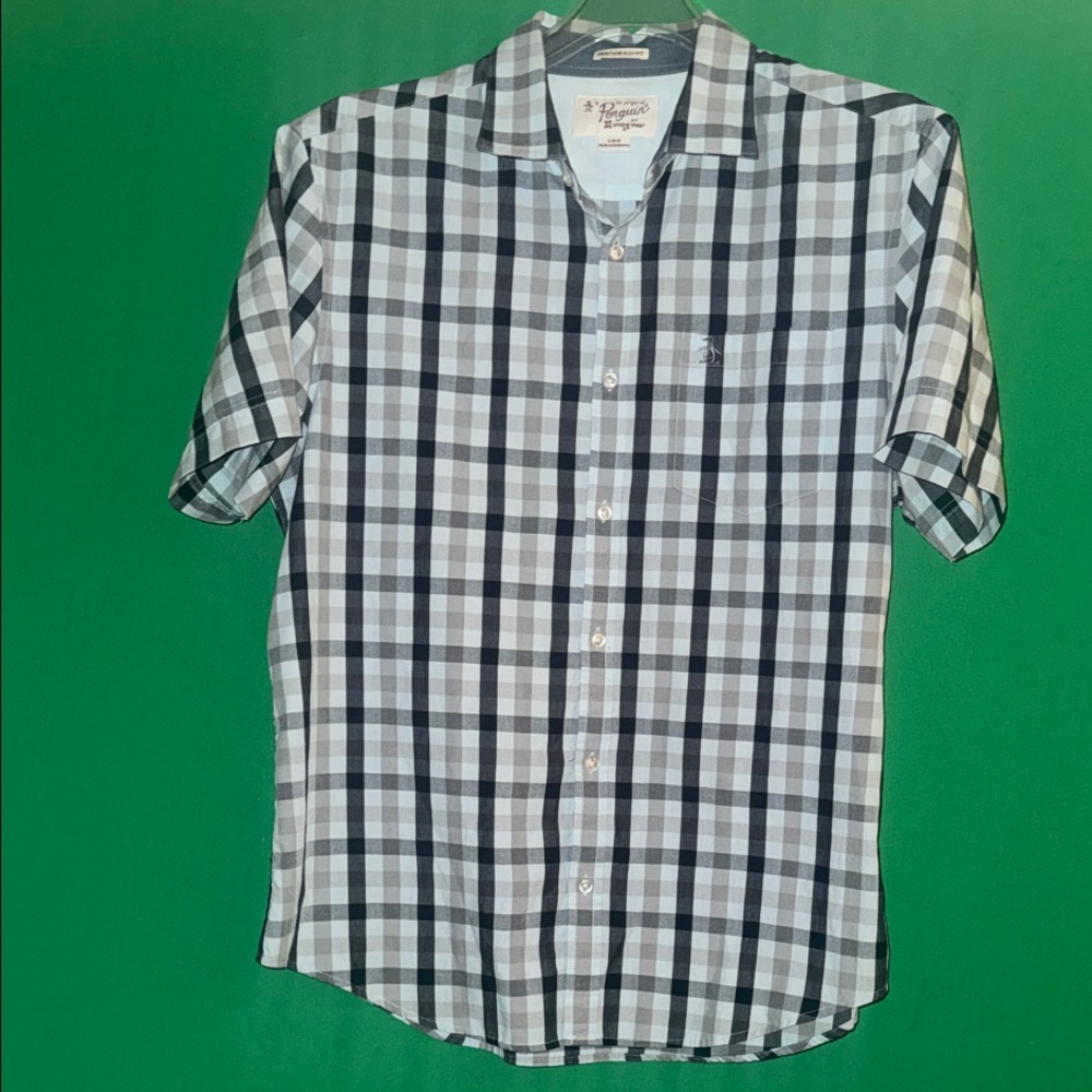 Original Penguin Short Sleeve Heritage Slim Fit Navy/Gray/White Plaid Shirt Sz L